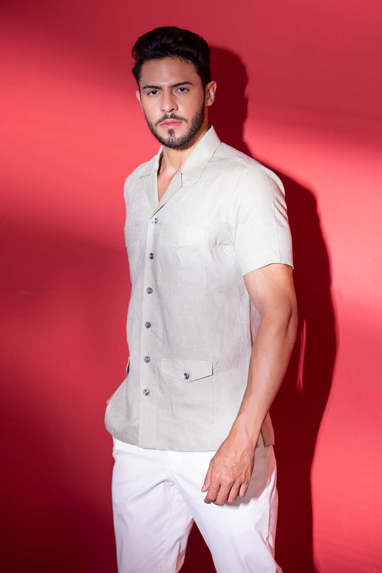 Pista Green half-sleeved linen safari shirt with patch pockets