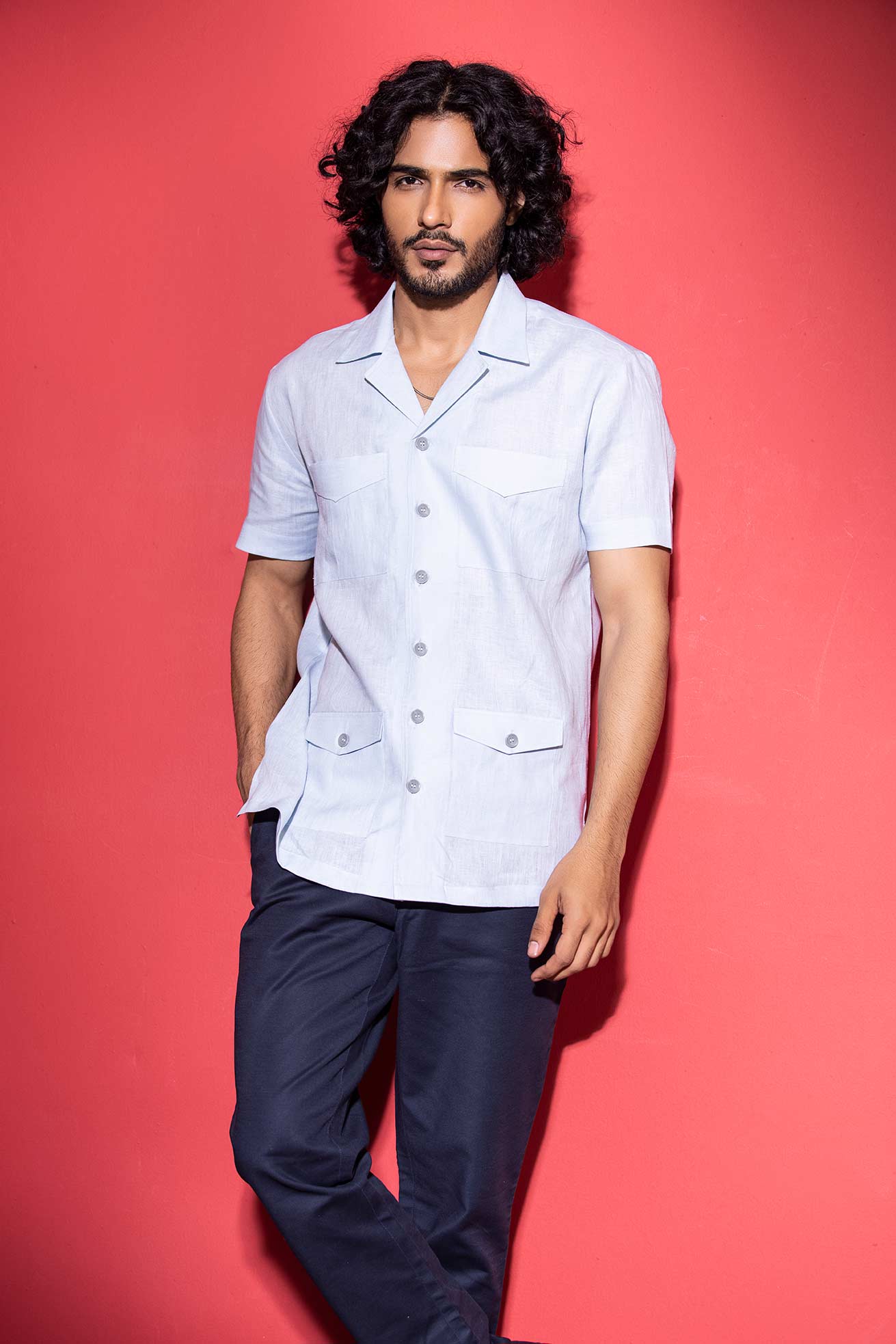 Sky Blue half-sleeved linen safari shirt with patch pockets