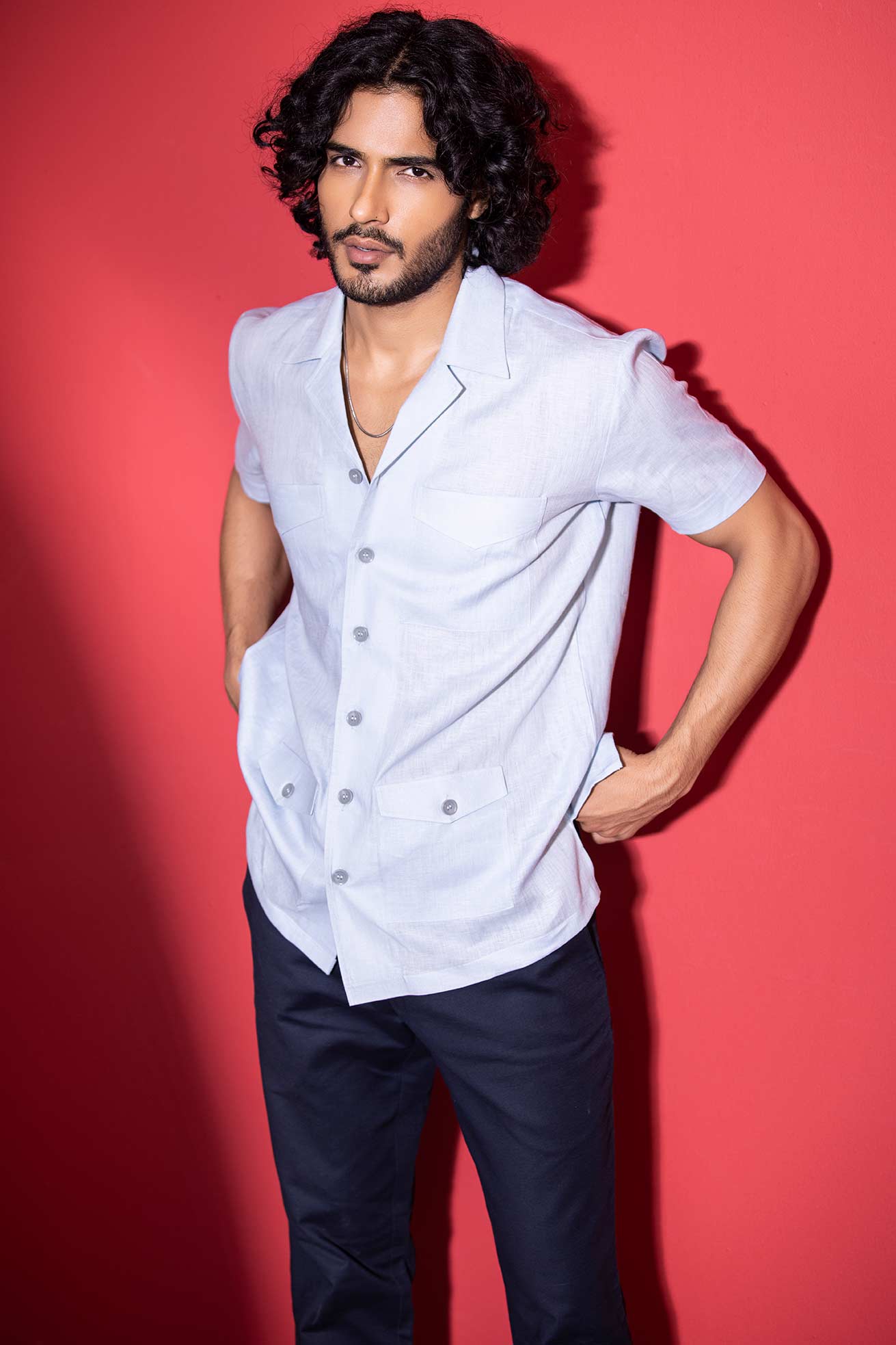 Sky Blue half-sleeved linen safari shirt with patch pockets