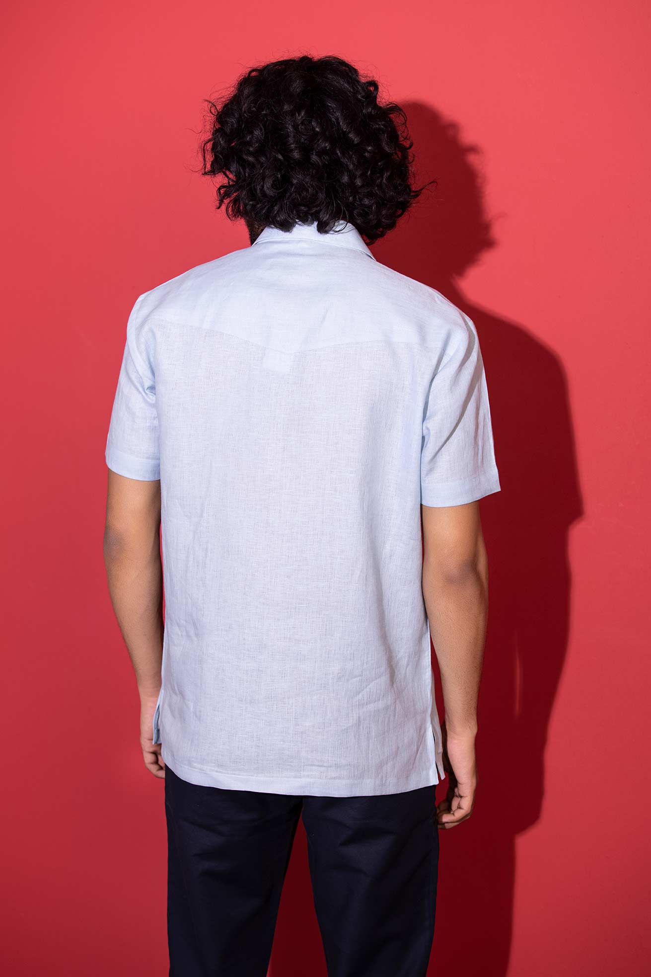 Sky Blue half-sleeved linen safari shirt with patch pockets