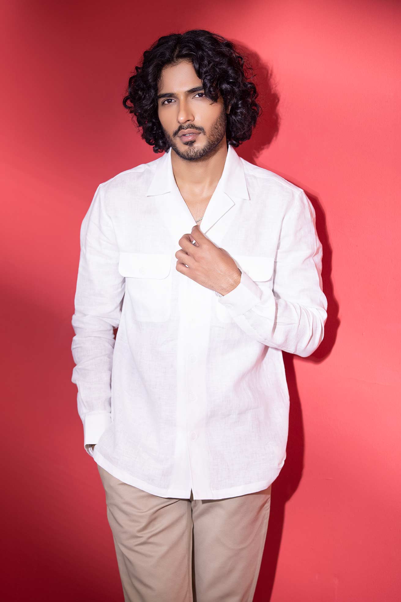 White full-sleeved linen safari shirt with patch pockets