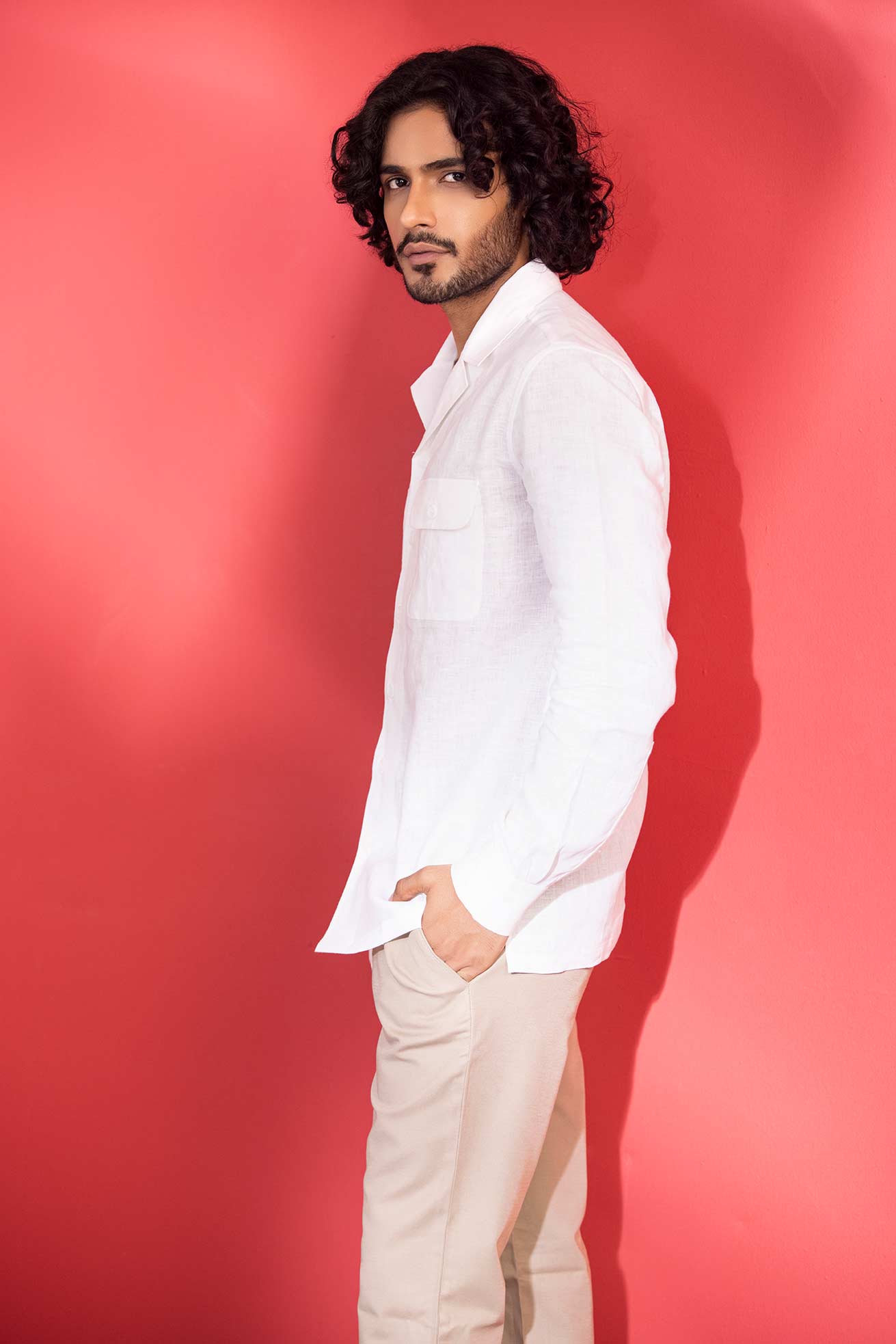 White full-sleeved linen safari shirt with patch pockets