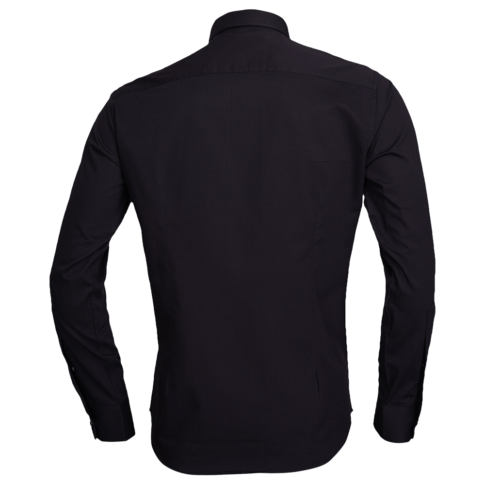 Black long-sleeved evening shirt with gunmetal buckle