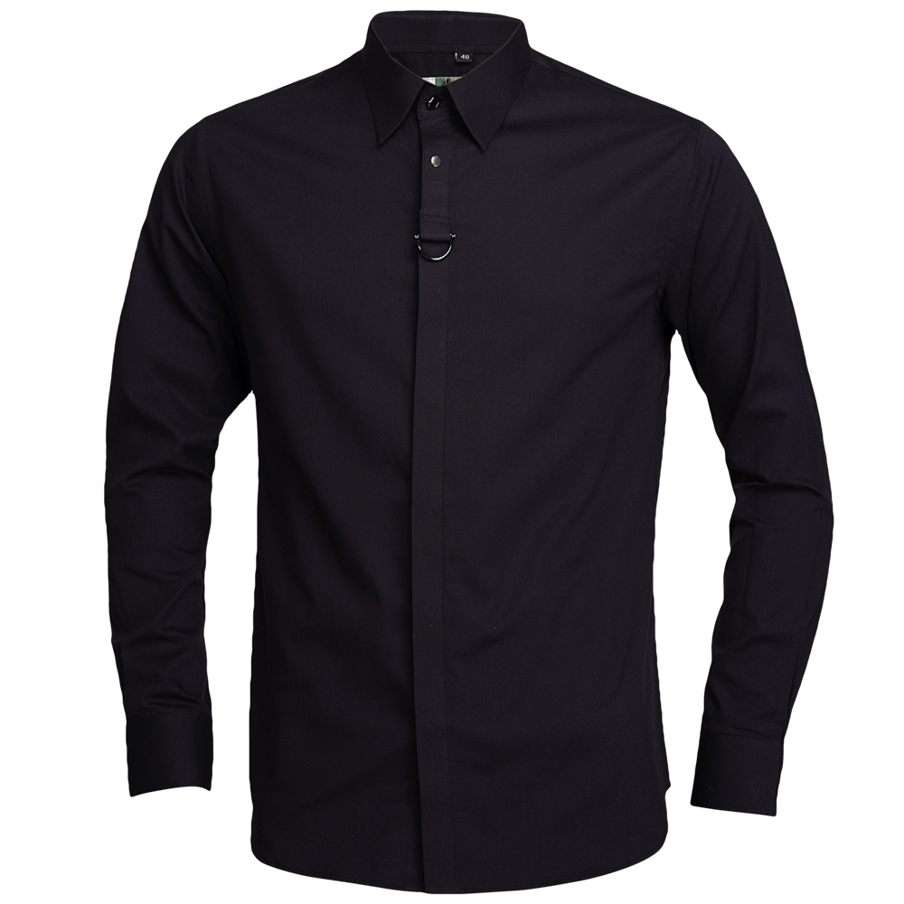 Black long-sleeved evening shirt with gunmetal buckle
