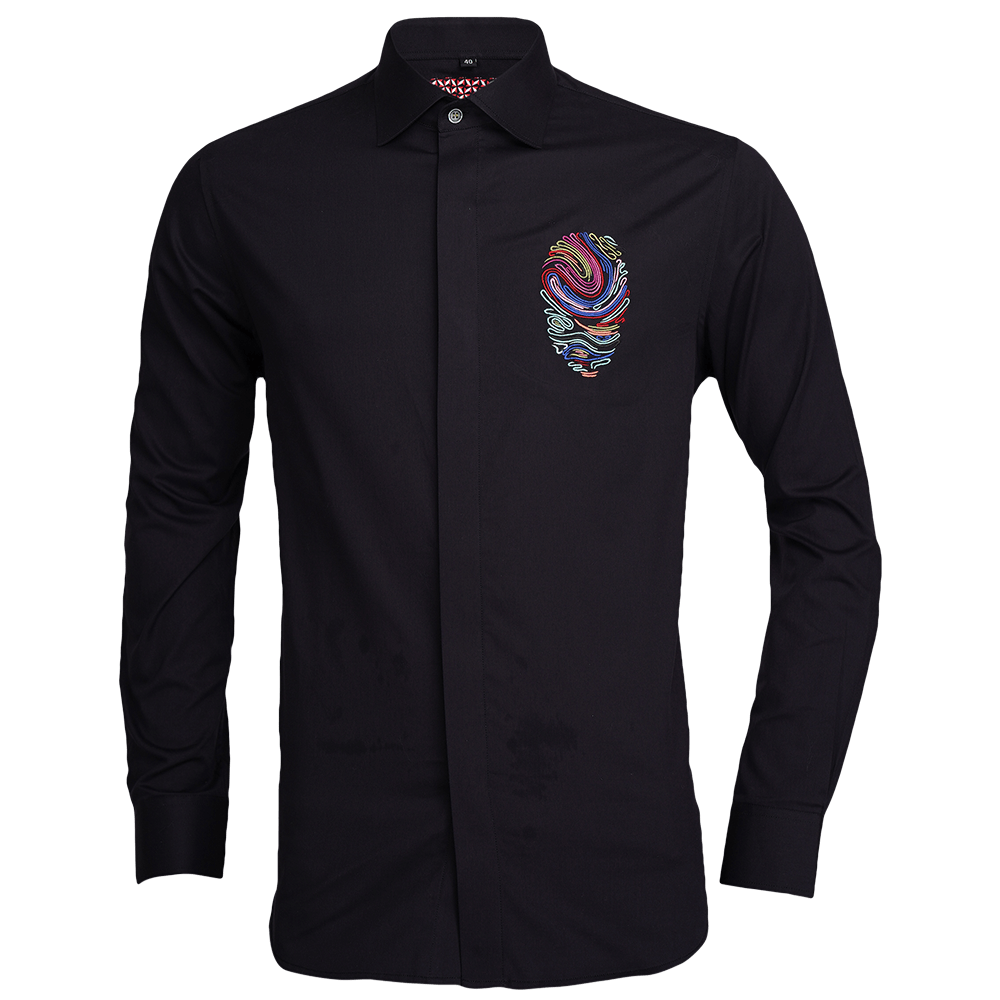 Black long-sleeved evening shirt detailed with fingerprint embroidery