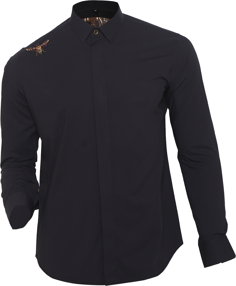 Black long-sleeved evening shirt with Bug hand embroidery