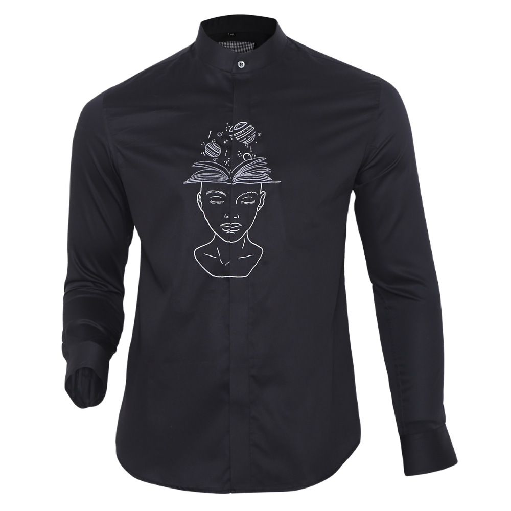 Black long-sleeved evening shirt with face embroidery