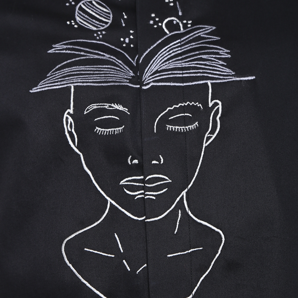 Black long-sleeved evening shirt with face embroidery