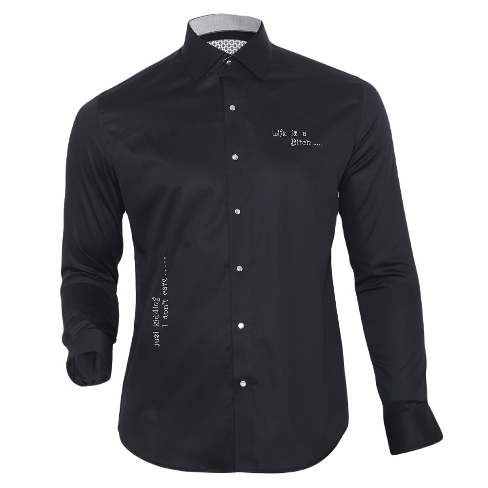 Black long-sleeved evening shirt with quote embroidery