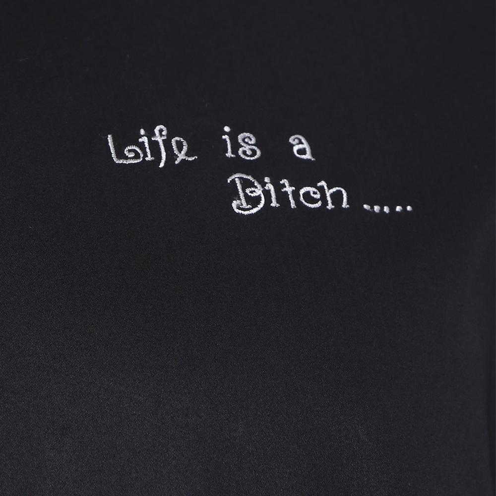 Black long-sleeved evening shirt with quote embroidery