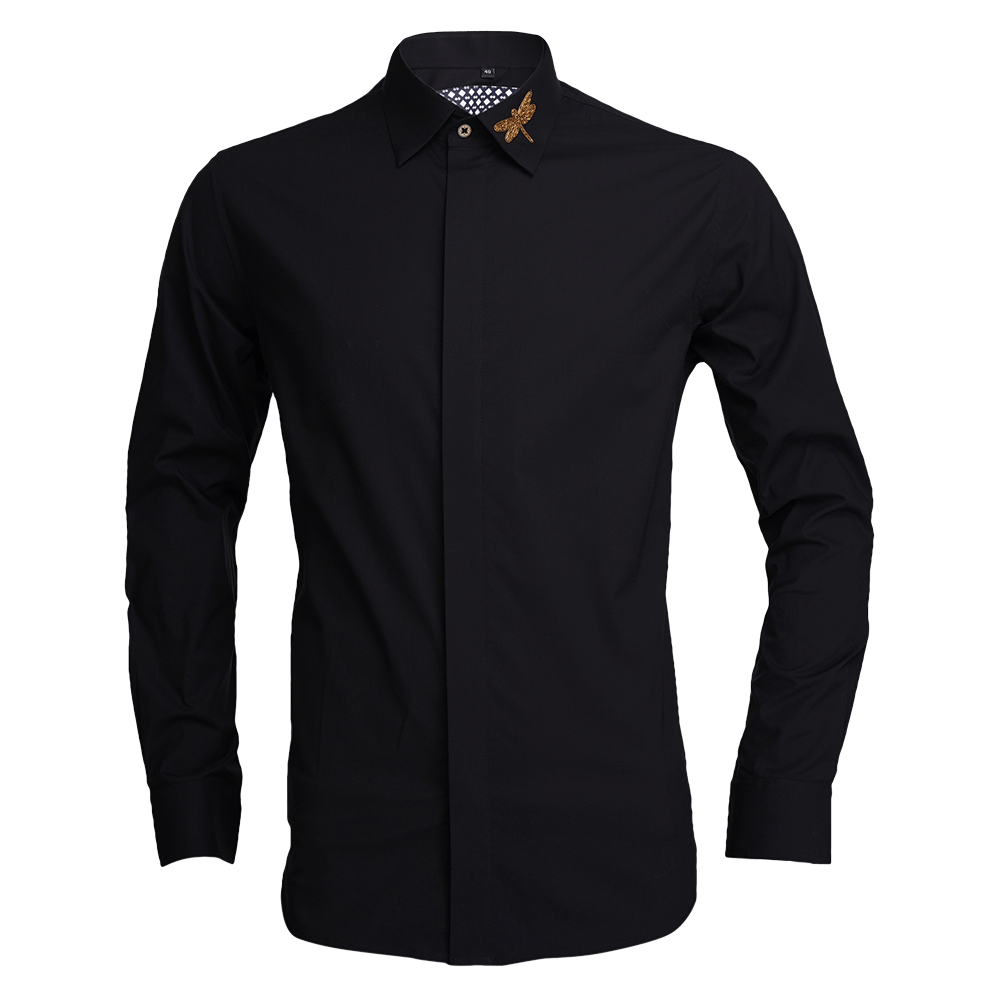 Black long-sleeved evening shirt with zardozi Dragonfly