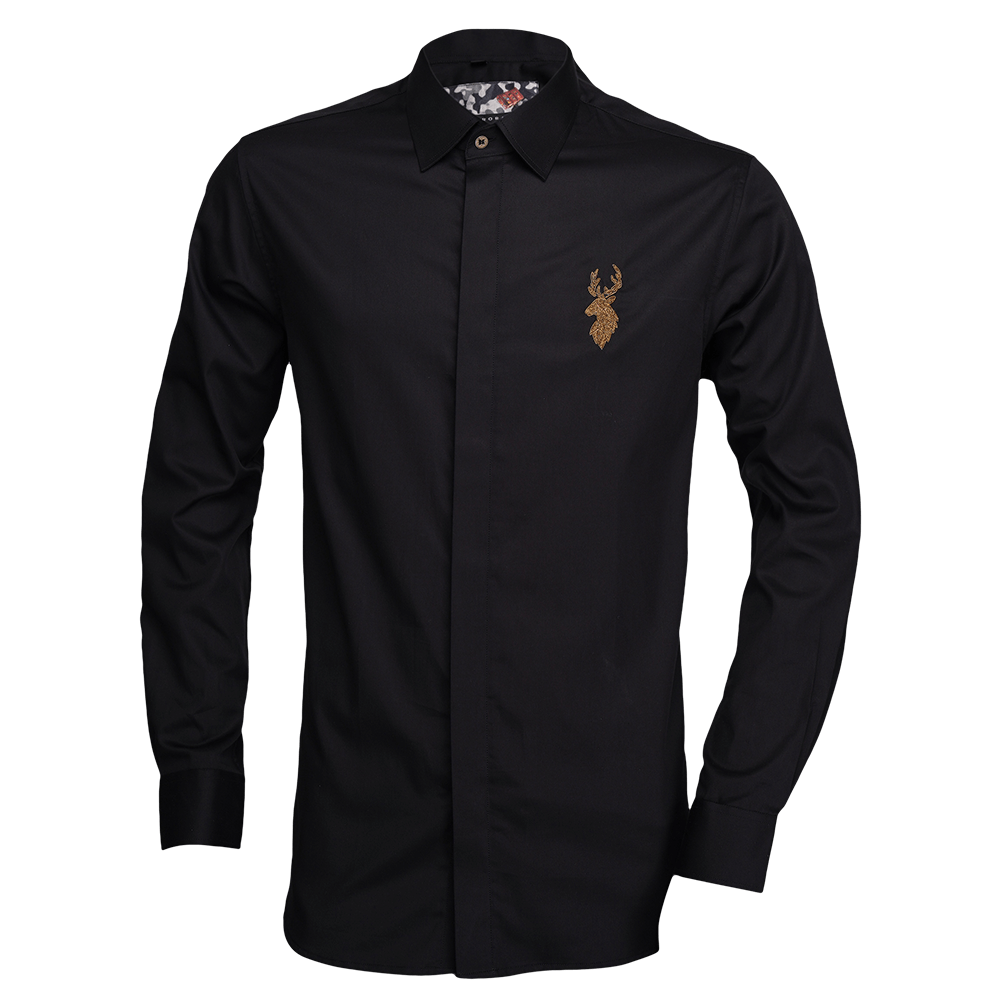 Black long-sleeved evening shirt with zardozi Reindeer