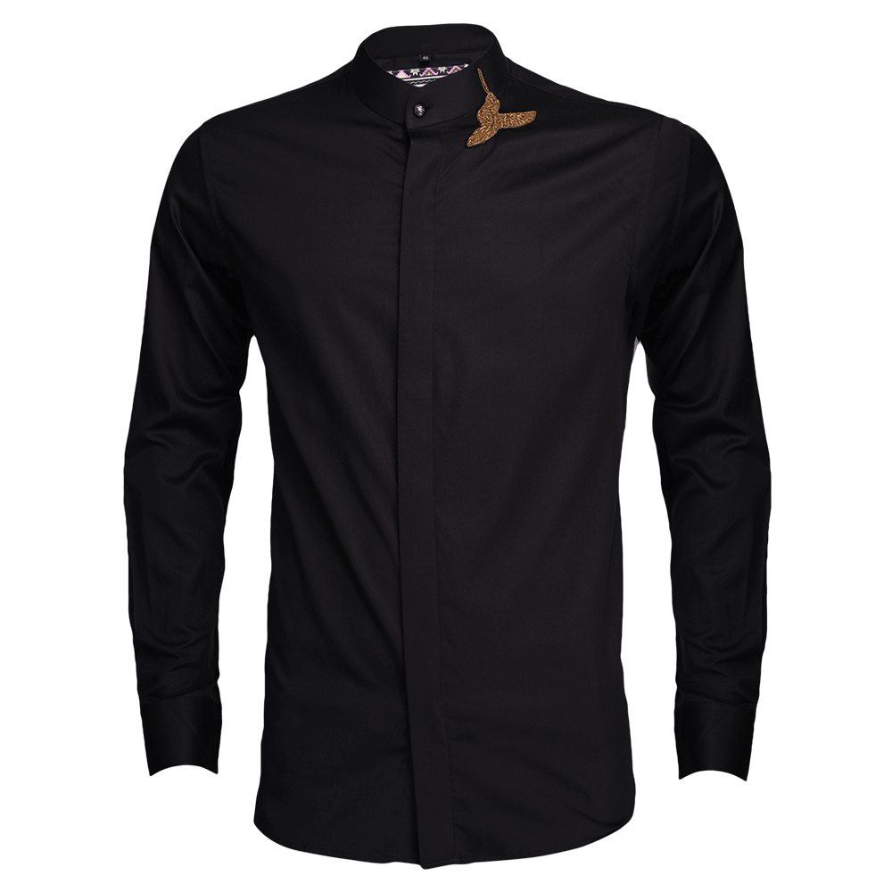 Black long-sleeved evening shirt with Hummingbird hand-embroidery