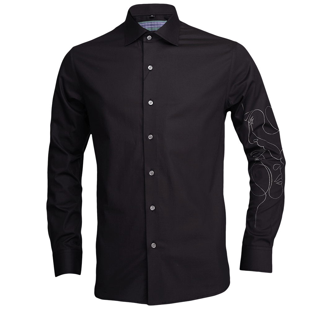 Black long-sleeved evening shirt with embroidered abstract face illustration