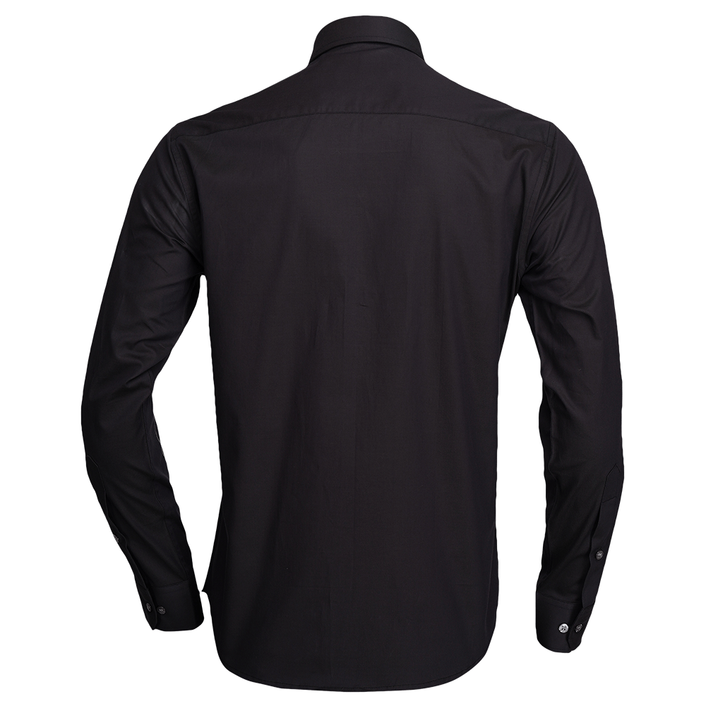 Black long-sleeved evening shirt with embroidered abstract face illustration