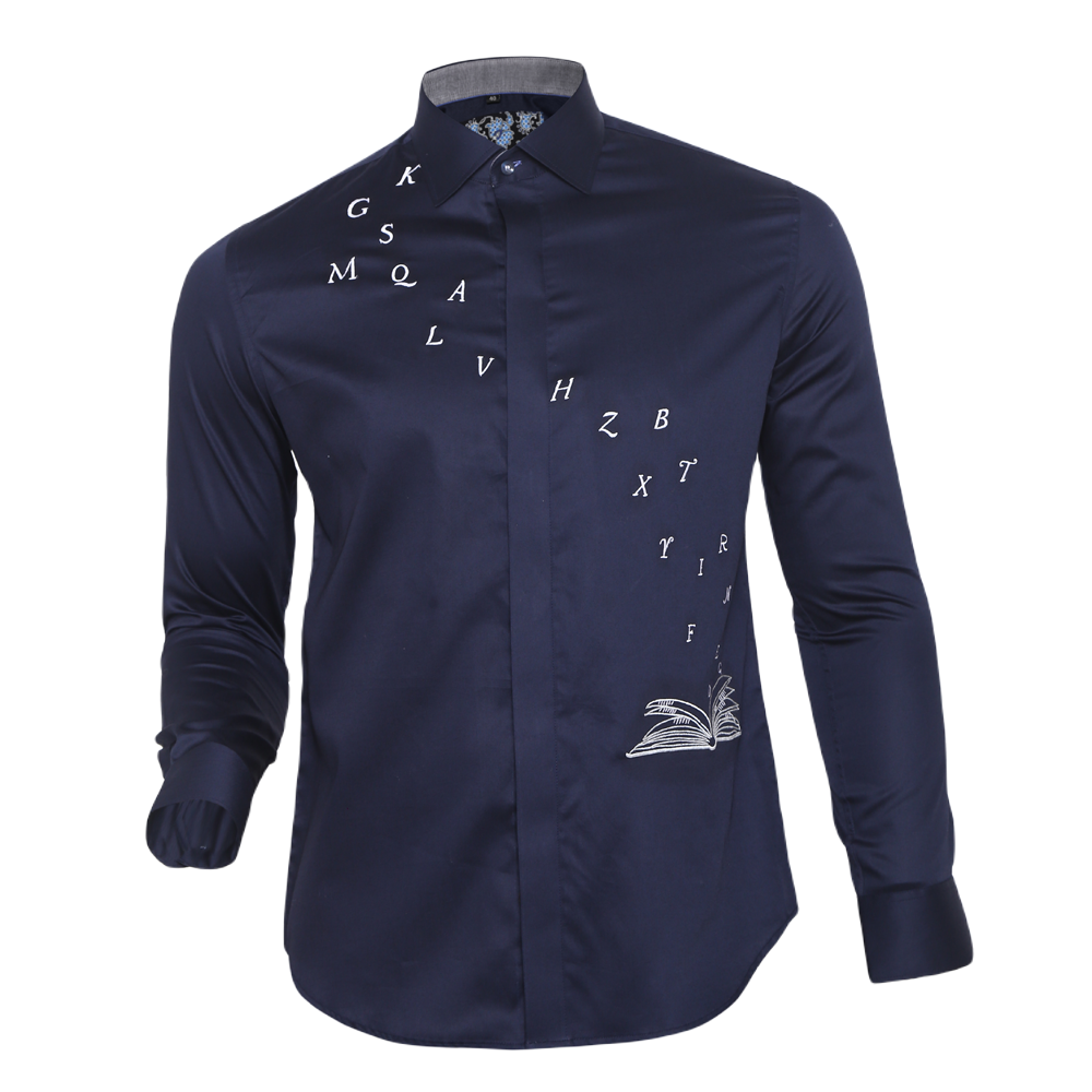 Navy Blue long-sleeved evening shirt with alphabet embroidery