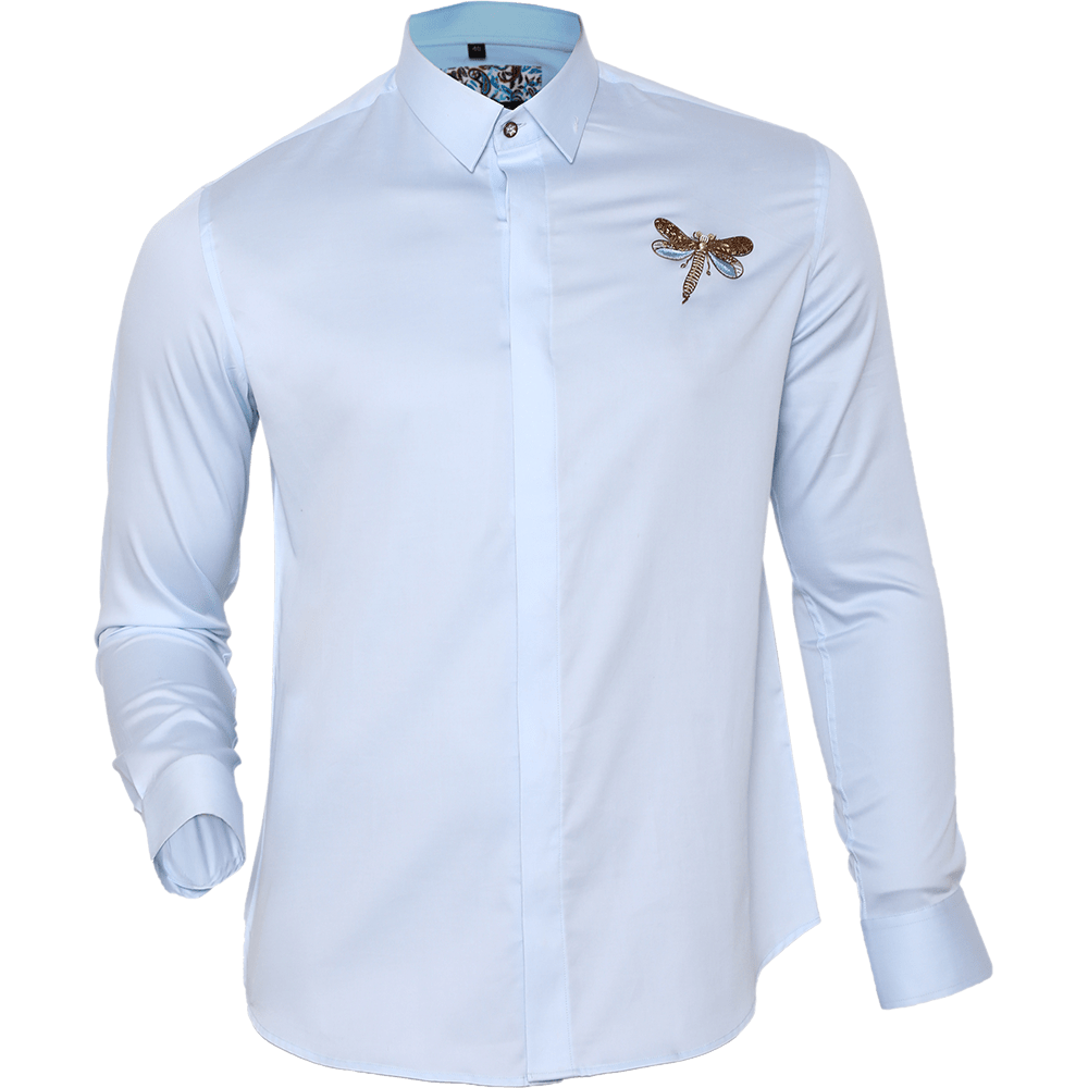 Sky Blue long-sleeved shirt with Dragonfly hand embroidery