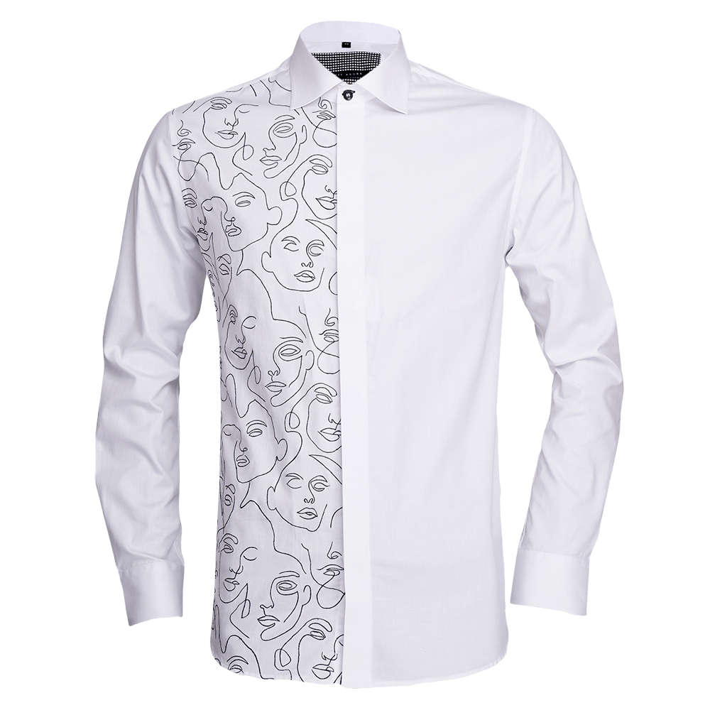 White long-sleeved shirt detailed with abstract faces illustration embroidery