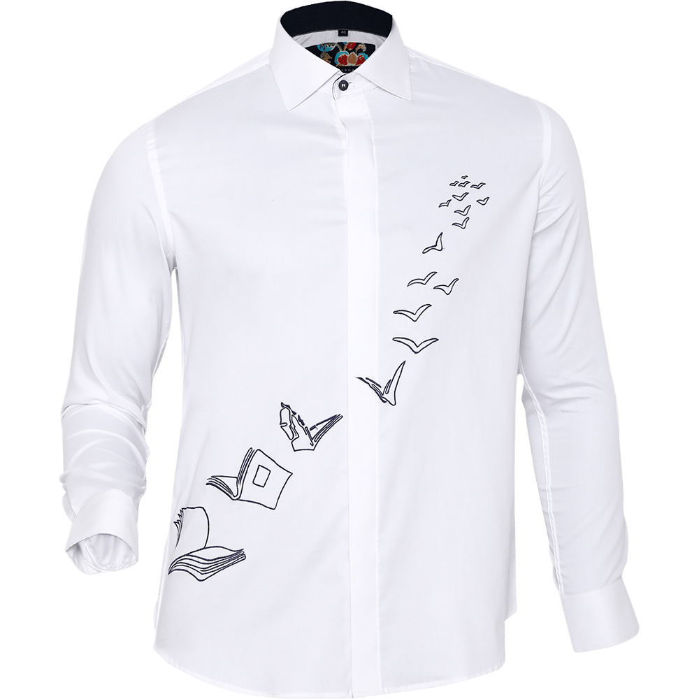 White long-sleeved shirt with books embroidery