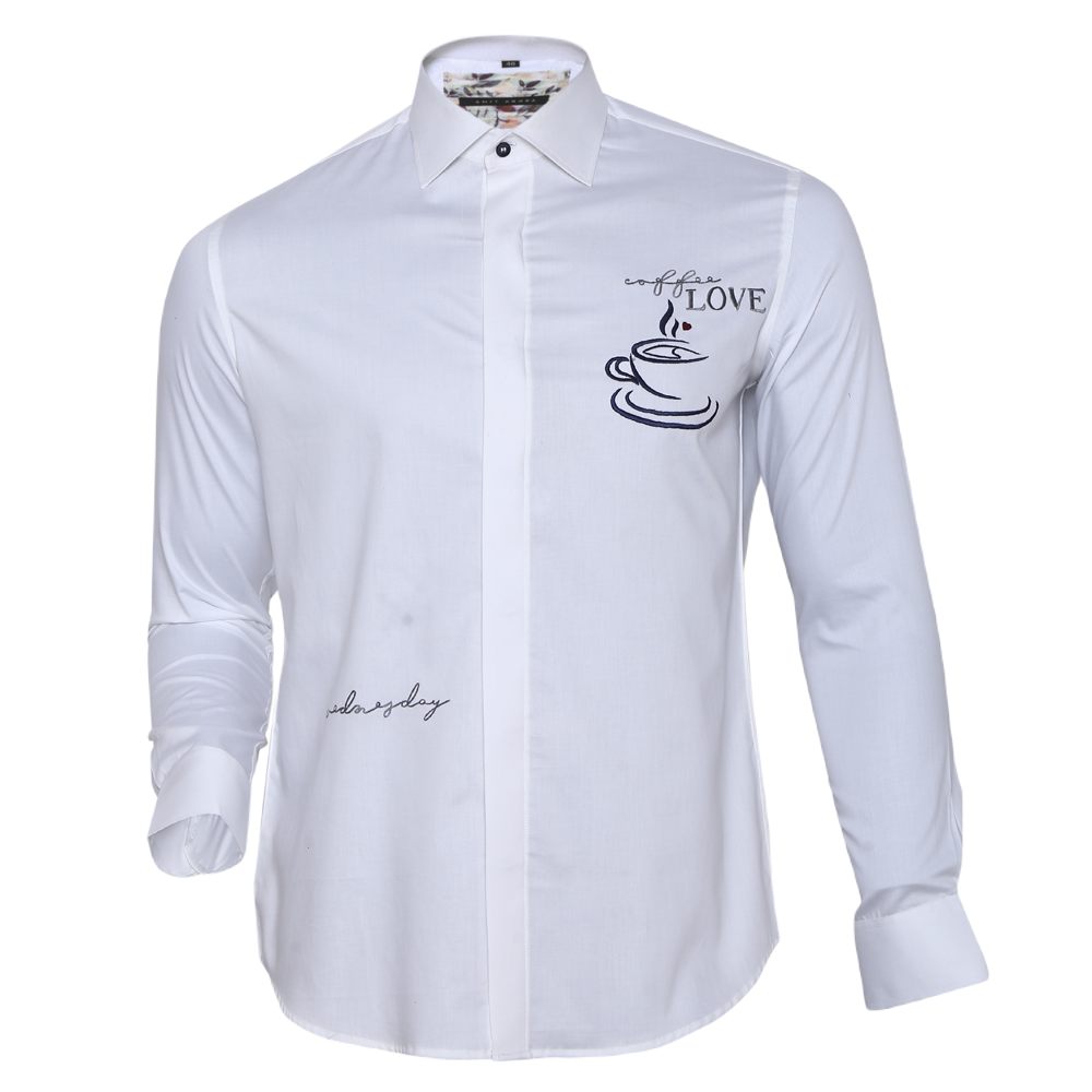 White long-sleeved shirt with coffee embroidered motif