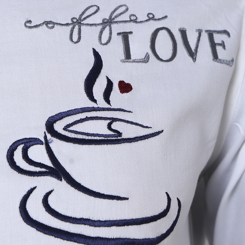 White long-sleeved shirt with coffee embroidered motif