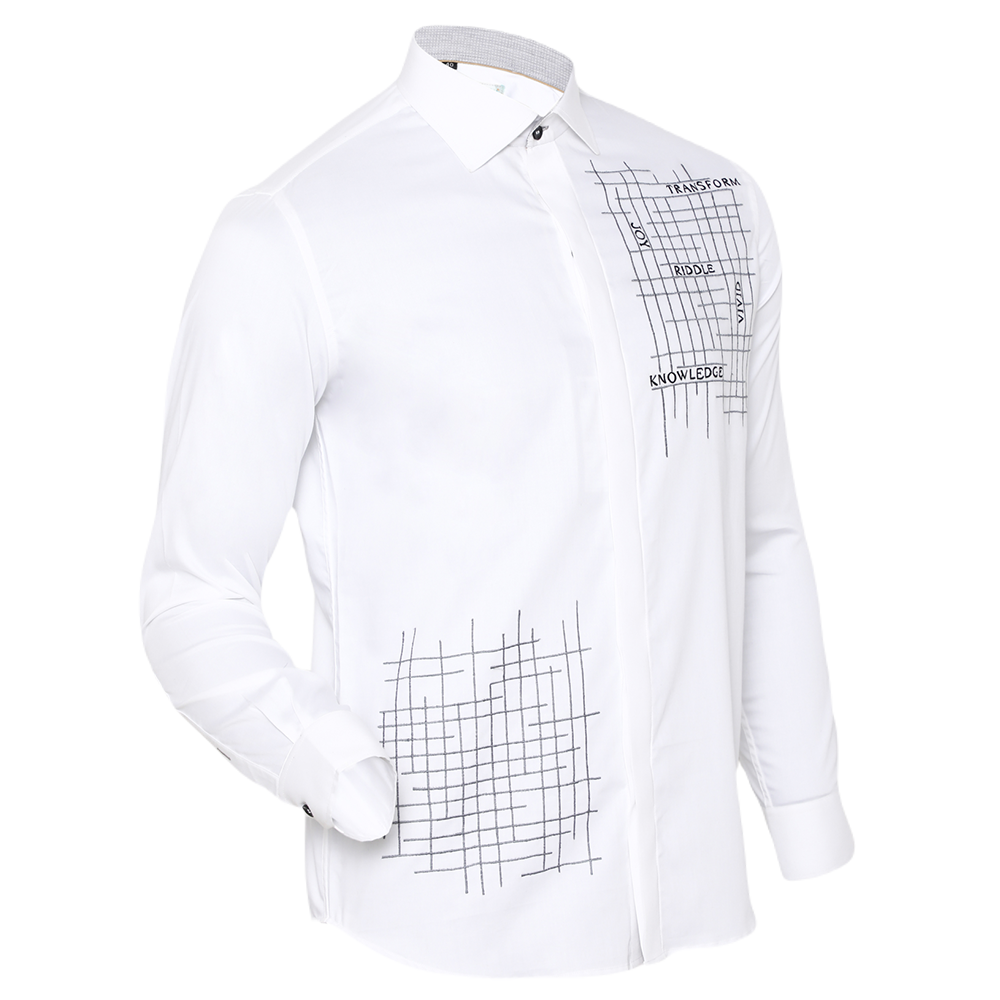 White long-sleeved shirt with crossword embroidery