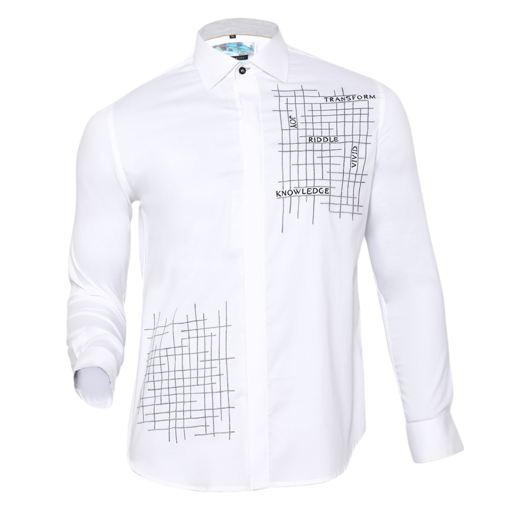 White long-sleeved shirt with crossword embroidery
