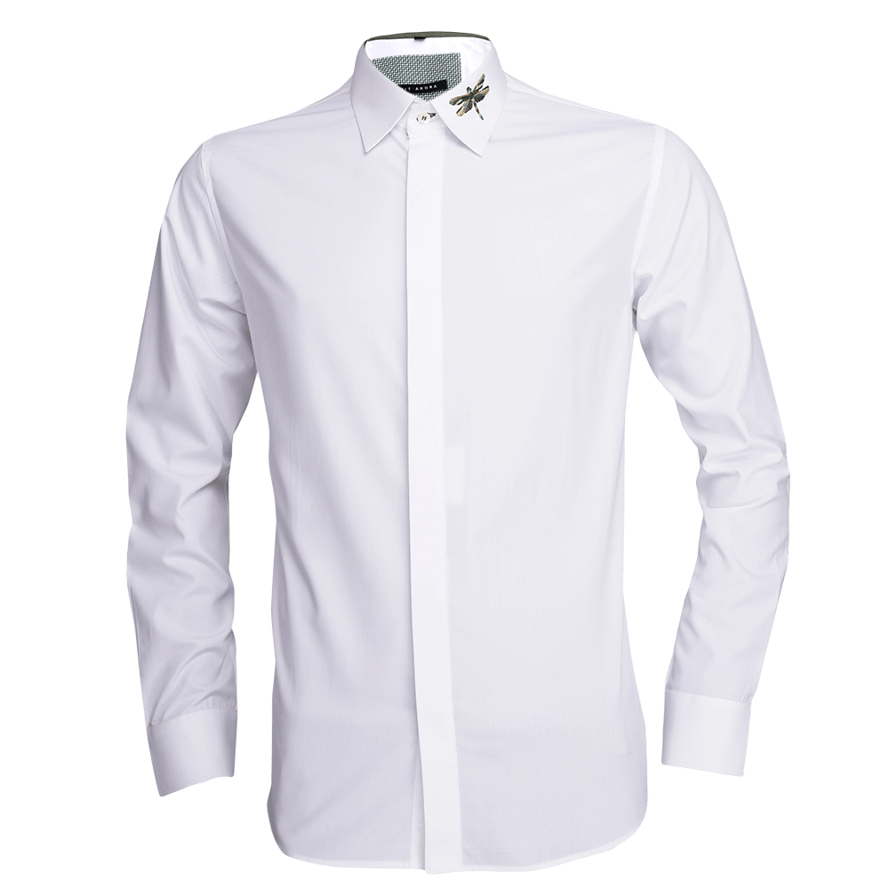 White long-sleeved shirt with Dragonfly embroidered motif