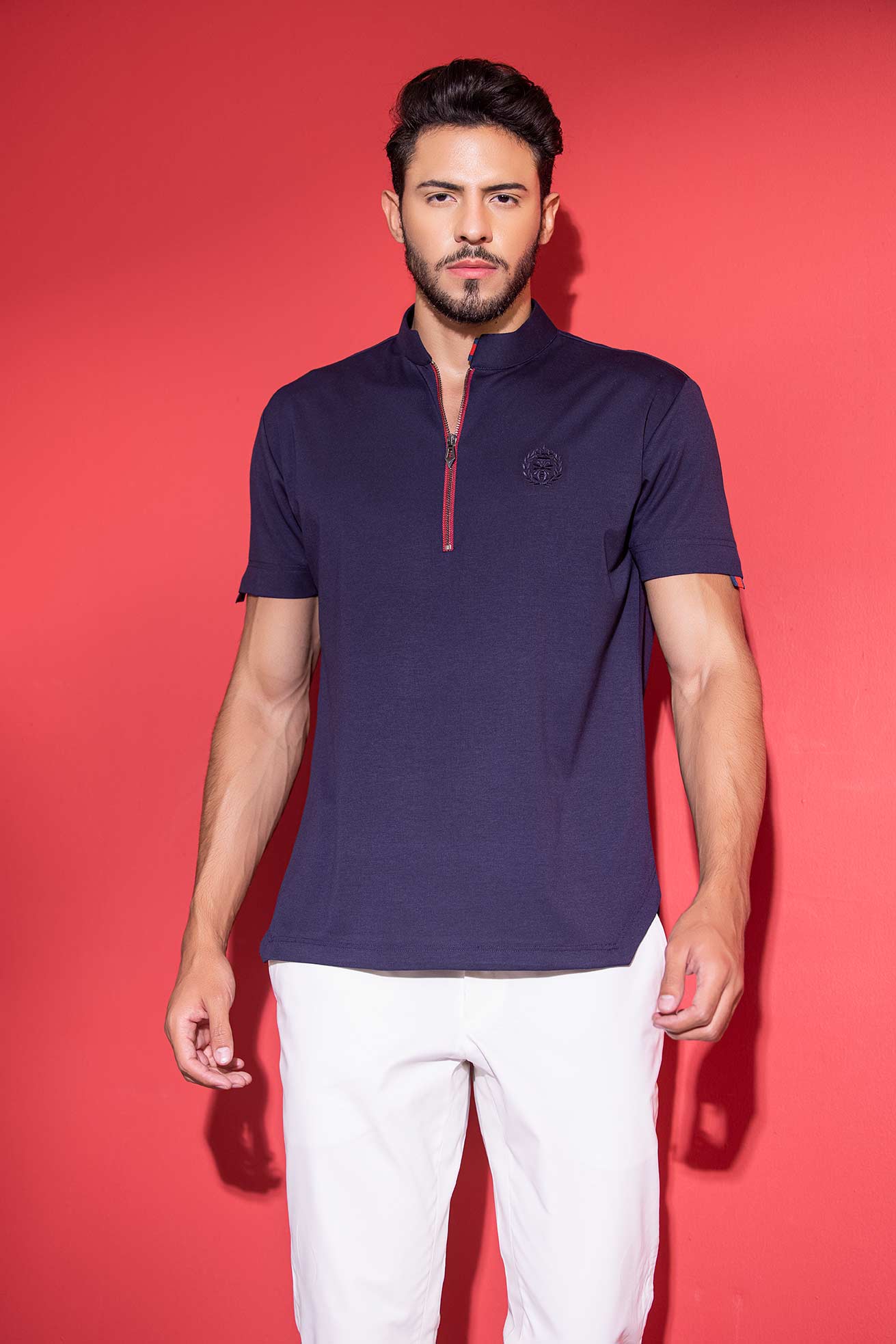 Navy Blue half-sleeved t-shirt with zipper & trims detailing