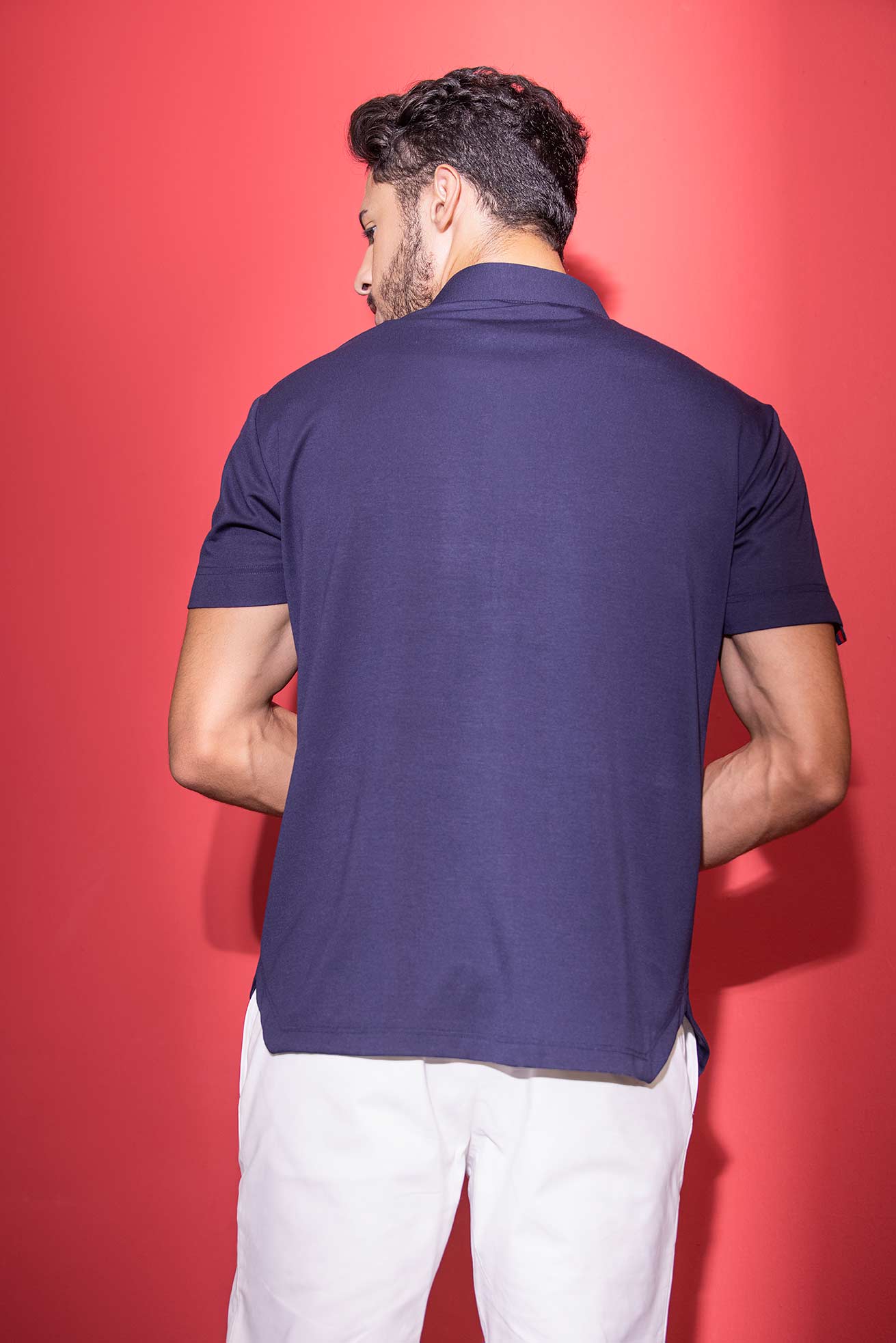 Navy Blue half-sleeved t-shirt with zipper & trims detailing