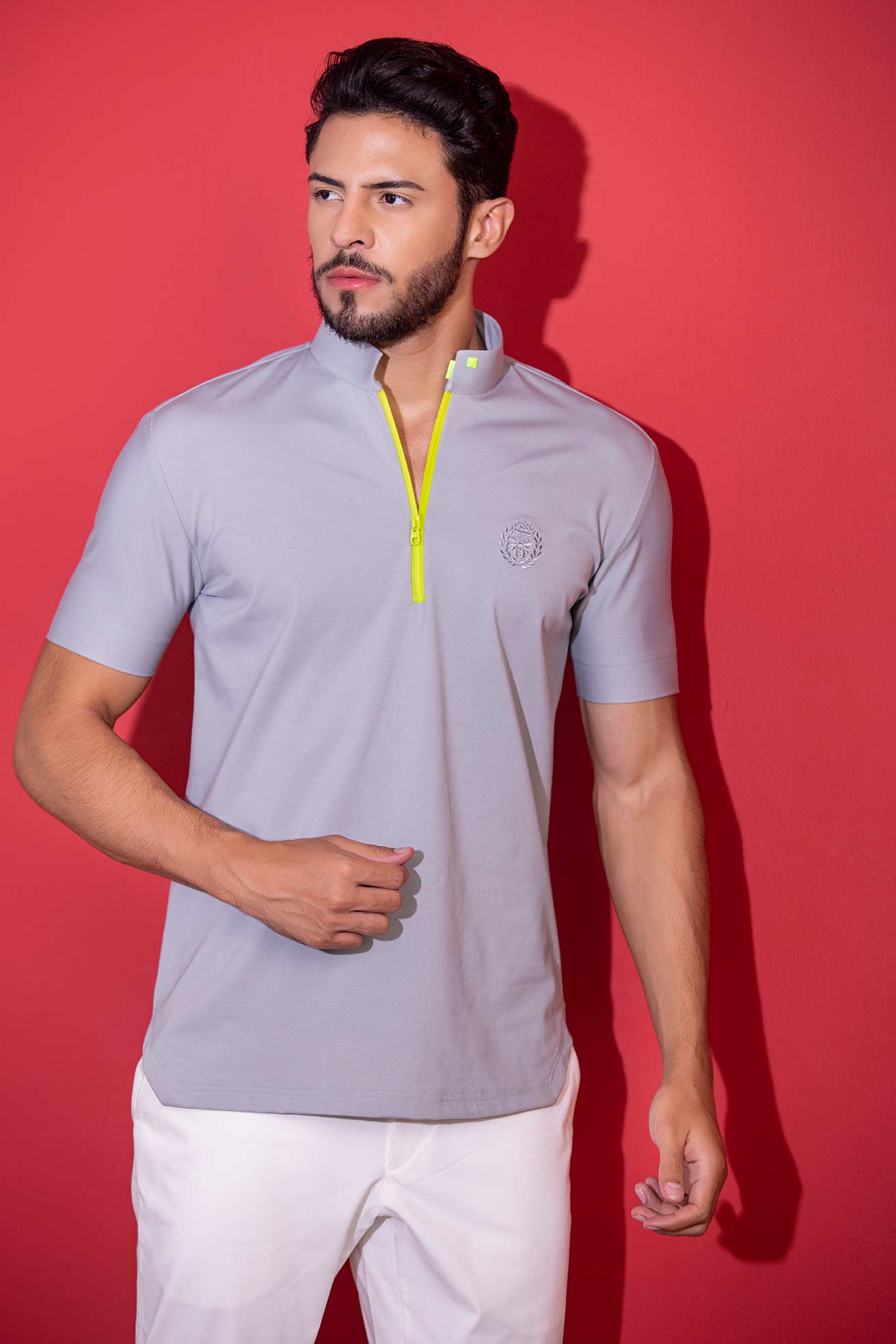Light Grey half-sleeved t-shirt with zipper & trims detailing