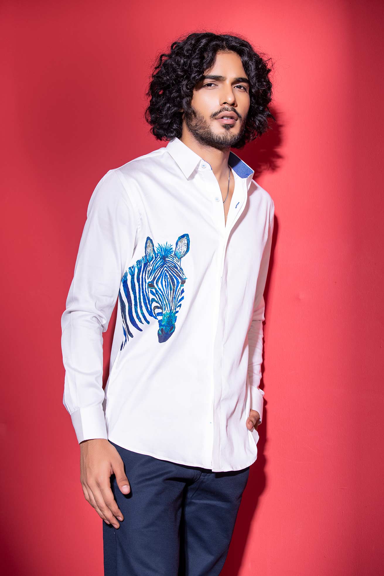 White full-sleeved shirt with digital print Zebra motif