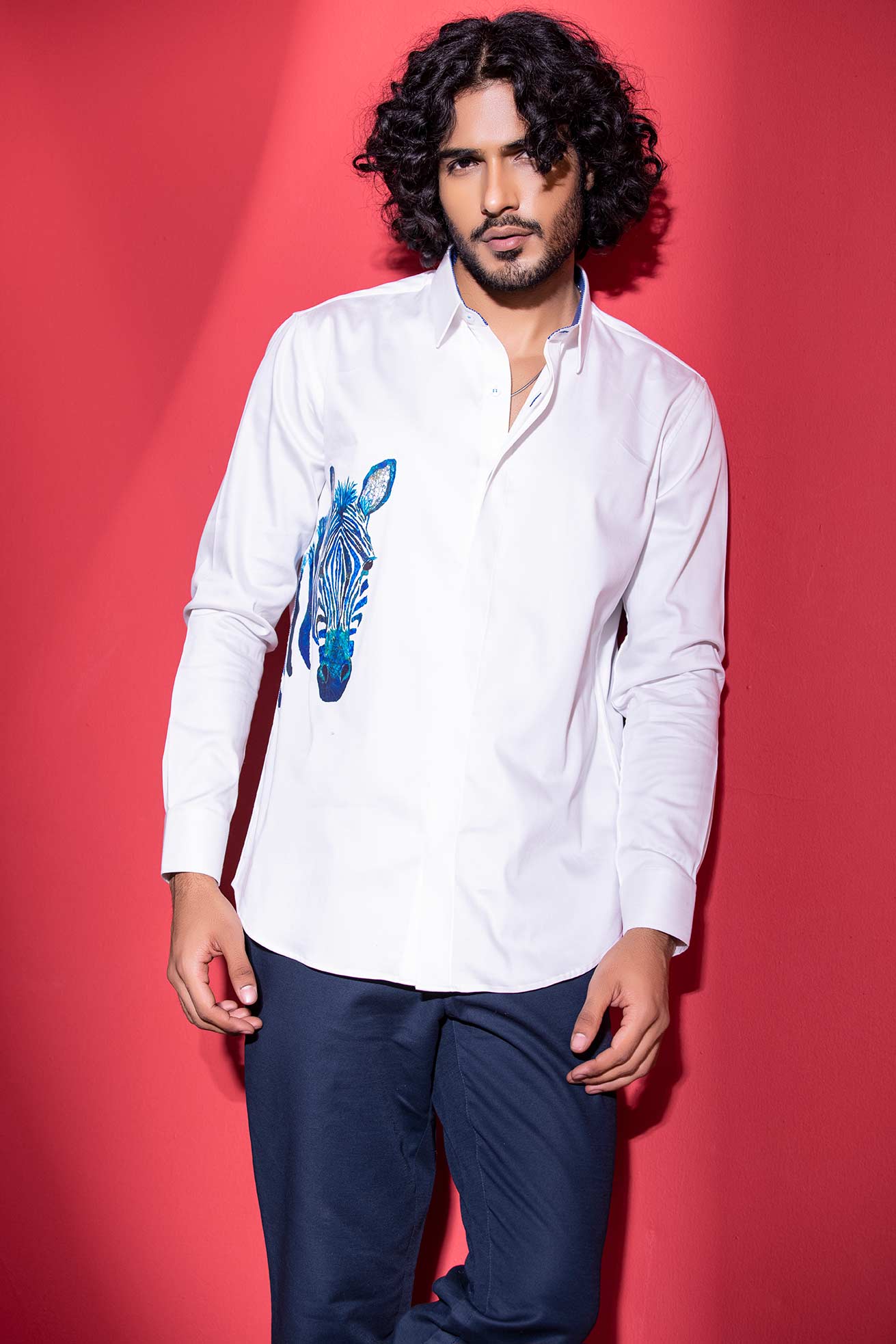 White full-sleeved shirt with digital print Zebra motif