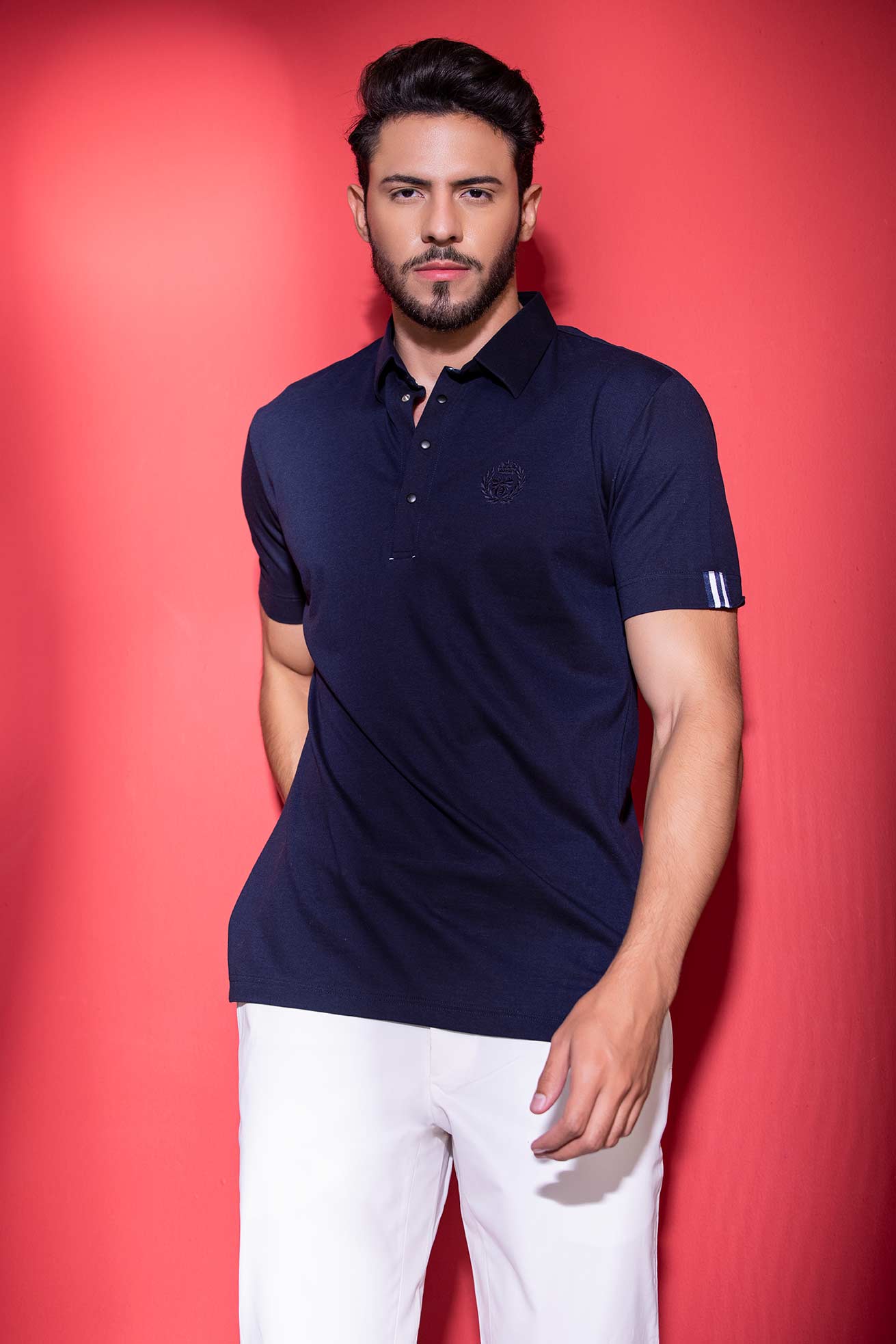 Navy Blue half-sleeved t-shirt with metal button & trims detailing