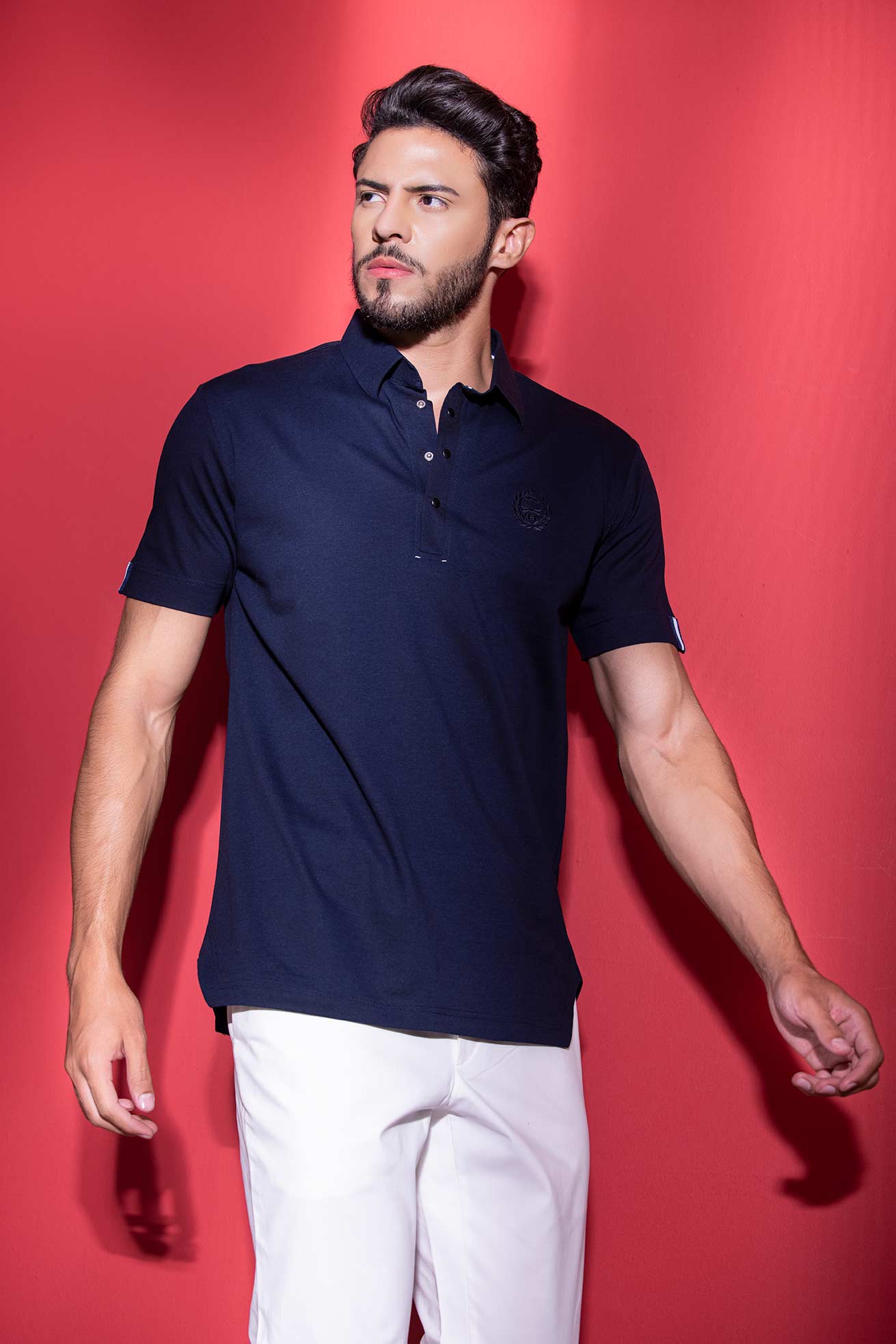 Navy Blue half-sleeved t-shirt with metal button & trims detailing