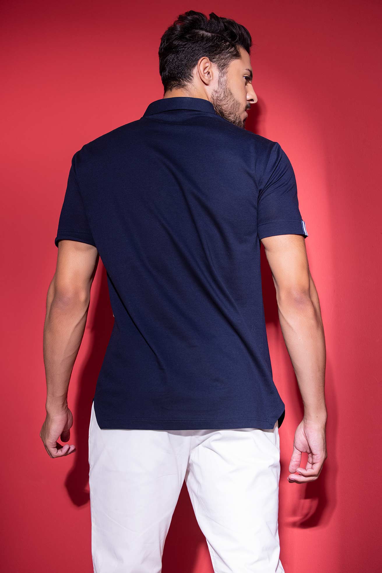 Navy Blue half-sleeved t-shirt with metal button & trims detailing